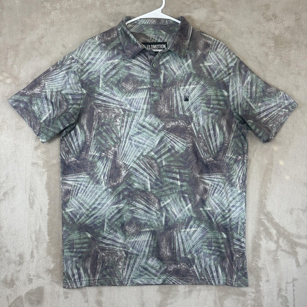 Flomotion Polo Shirt Mens Large Green Palm Leaf Allover Print Stretch Golf